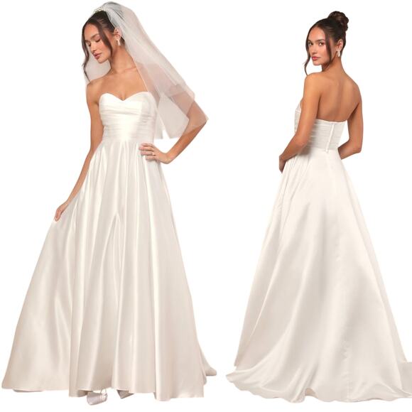 Lulus Sweetheart Neck Khalida White Satin Pleated Strapless Gown size Small NWT - Picture 1 of 6